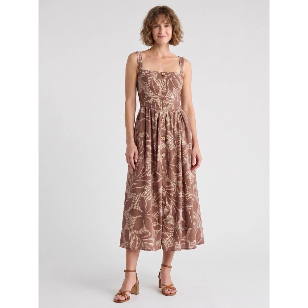 Hutch Brown Leaf Print Linen Blend Button Front Midi Dress Size M 11387